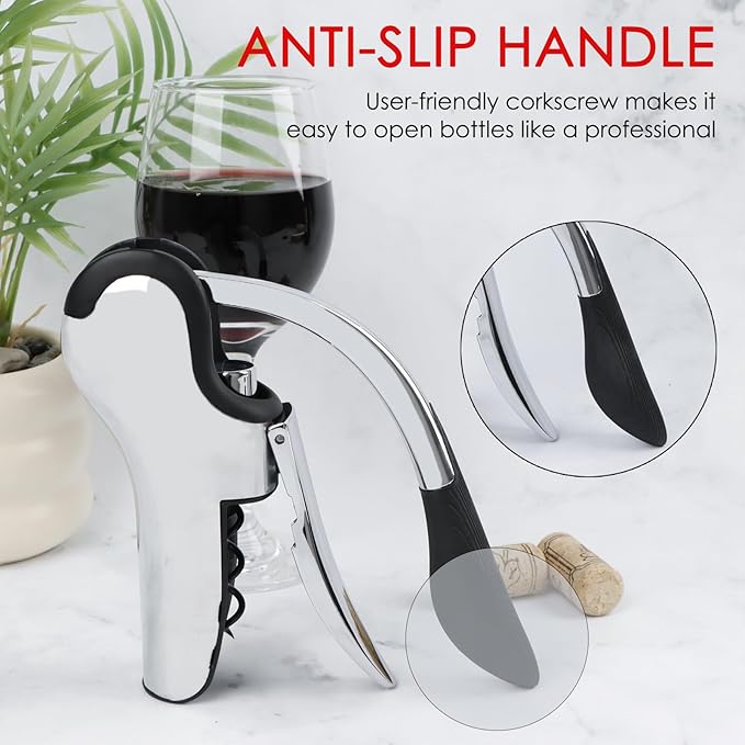 KAYCROWN Stainless Steel Wine Bottle Opener, Vertical Lever Corkscrew with Built-in Foil Cutter Design, Manual Handheld Corkscrew with Ergonomic Lever Pump