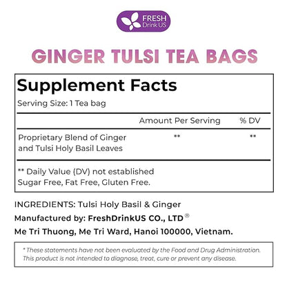 FreshDrinkUS, Premium 75 Ginger Tulsi Tea Bags, 100% Natural, Hand-made Blend of Ginger and Tulsi Holy Basil Leaves, Eco-conscious Tea Bags. Herbal Tea. No Sugar, No Caffeine, Vegan.