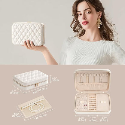 Lolalet Travel Jewelry Case for Women, Travel Jewelry Organizer Box with Mirror & Clear Storage Bag, Small Portable Traveling Earring Necklace Bracelet Ring Case, Bridesmaid Gifts -Medium, White