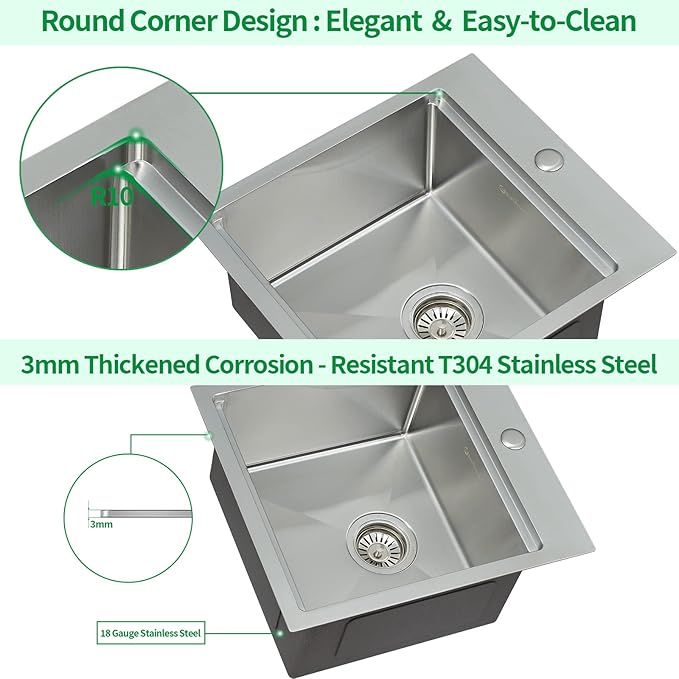 Kitchen Sink, 17 x 19 Inch Drop-in Bar Sink Stainless Steel Topmount Kitchen Sink Single Bowl Workstation Sink with Cutting Board