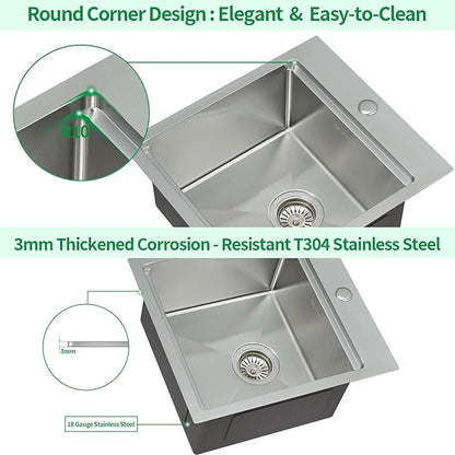 Kitchen Sink, 17 x 19 Inch Drop-in Bar Sink Stainless Steel Topmount Kitchen Sink Single Bowl Workstation Sink with Cutting Board
