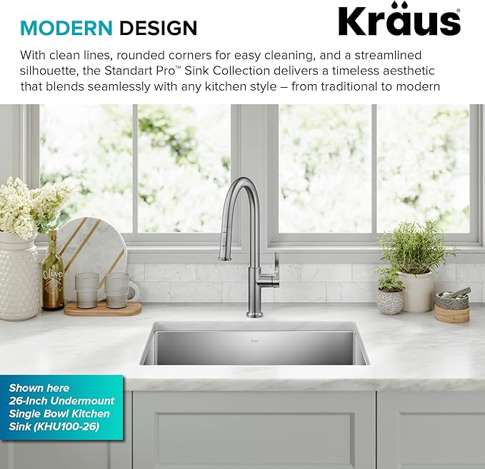 KRAUS Standard PRO 23-Inch 16 Gauge Undermount Single Bowl Stainless Steel Kitchen Sink, KHU101-23