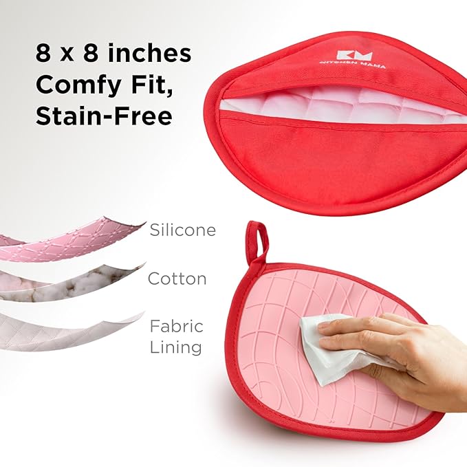 Kitchen Mama Silicone Pot Holders - Heat Resistant, Non-Slip Surface, Dual Pocket Design with Soft Cotton Lining, Safe, Durable, Stylish, Practical for Everyday Use Hot Oven, Bowl, Pan (Red)