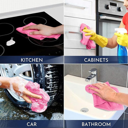 GLIMGLINT Pink Microfiber Cleaning Cloth, 12 Pack Cleaning Towels for Kitchen, Lint Free, Scratch-Free, Highly Absorbent, and Reusable Cleaning Rags for House, Window and Glass, Cars, 14"X12"