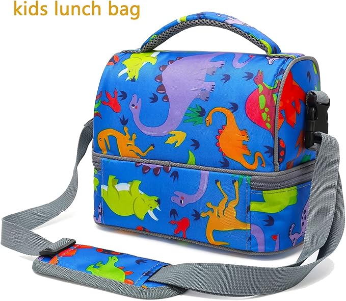 FlowFly Kids Double Decker Cooler Insulated Lunch Bag Large Tote for Boys, Girls, Men, Women, With Adjustable Strap, Dinosaur