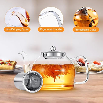 STNTUS Glass Teapot, 52 oz / 1500 ml for Loose Tea, Teapot with Infusers for Loose Tea, Stainless Steel Strainer, Tea Pot for Stove,