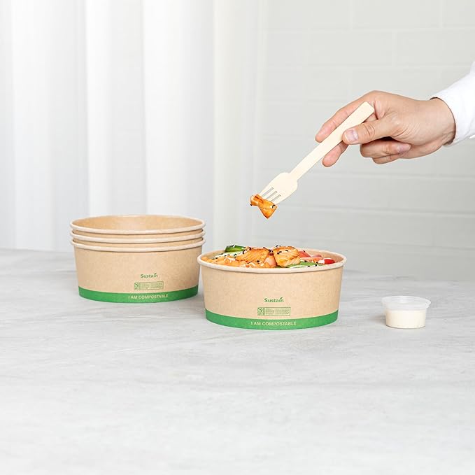 Restaurantware Compostable Paper Food Containers 200 Pack Of 37 oz BPI-Certified Round Kraft Salad Bowls Disposable Grease-Resistant Meal Prep Take Out Containers For Ice Creams, Soups, Snacks