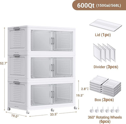 BROVIEW 52.7"H 150Gal Plastic Storage Bins with Lid & Wheels,3Pack Extra Large Stackable Storage Bins with Dividers,Closet Organizers and Storage Cabinet Collapsible Box Shelves for Home Kitchen,White