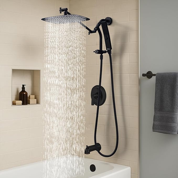 G-Promise All Metal 10 Inch Shower Head with Massage Mode Handheld, Rain Shower Head with Handheld Spray Combo, 3-Way Diverter with Pause Setting, 11 Inch Adjustable Extension Arm (Matte Black)