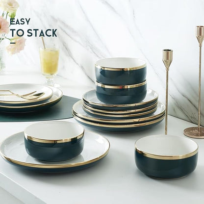 Porcelain Dinnerware Sets, 12 Piece Luxury China Plates and Bowls Sets, Green Dishes Set Gold Rim for Wedding Anniversary Birthday, Modern Dinner Plates Set
