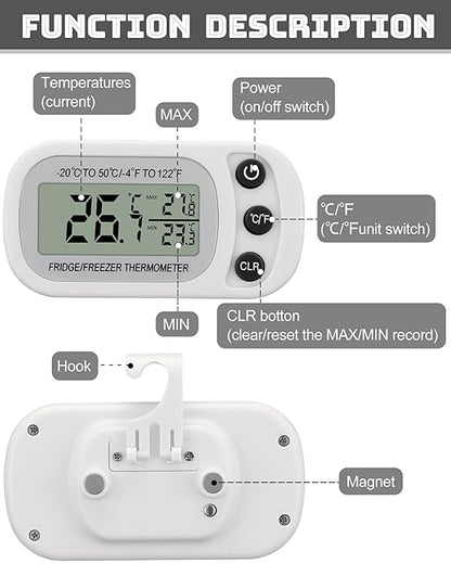 Frienda 12 Pack White Digital Fridge Thermometer Waterproof Refrigerator and Freezer Room Max/min Record Function LCD Screen Refrigerator Thermometer with Hook and Magnetic Back for Home