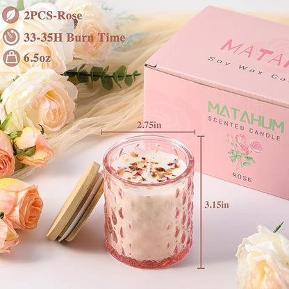 2 Pack Rose Scented Candles for Home Decor, 6.5oz Natural Soy Wax Aromatherapy Jar Candles, Housewarming Gift for Women