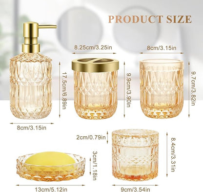Bathroom Accessories Set, 5Pcs Gold Glass Bathroom Accessories Set with Gold Soap Dispenser, Soap Dish, Toothbrush Holder, Tumbler, Cotton Swab Jars