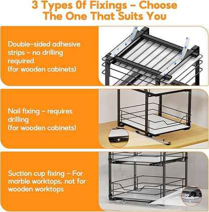 Spice Rack Organizer for Cabinet, 2 Tier Vertical Pull Out Spice Rack – Heavy Duty Metal Spice Organization for Cabinet, 40-Jar Capacity, Height Adjustable Cabinet Organizer (9"W×10.5"D×9"H, Black)