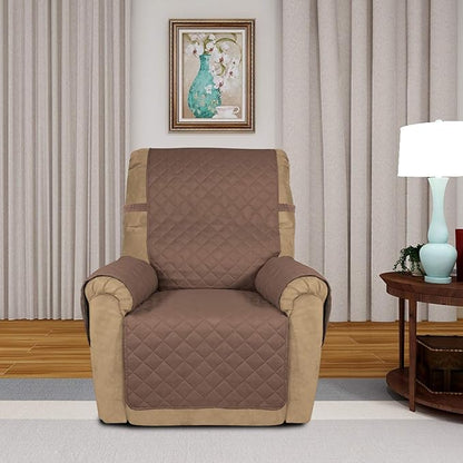 PureFit Reversible Quilted Sofa Cover, Water Resistant Slipcover Furniture Protector, Washable Couch Cover with Non Slip and Elastic Straps for Kids, Dogs, Pets (Small Recliner, Brown/Beige)