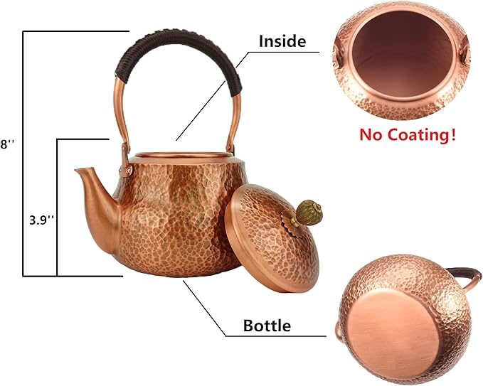 Funmaker Handmade Solid Copper Tea Pot Kettle Stovetop Teapot Thick Hammered Copper Tea Pot Kettle Stovetop Teapot Made for gasstove tops pure copper kettle (Type 4-1300ml)