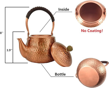 Funmaker Handmade Solid Copper Tea Pot Kettle Stovetop Teapot Thick Hammered Copper Tea Pot Kettle Stovetop Teapot Made for gasstove tops pure copper kettle (Type 4-1300ml)