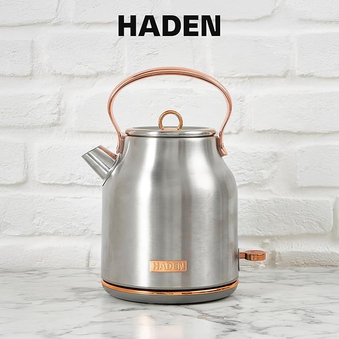 Haden Heritage 1.7 Liter Stainless Steel Electric Kettle, Hot Water Kettle with 360-Degree Base and Auto Shutoff, Steel & Copper