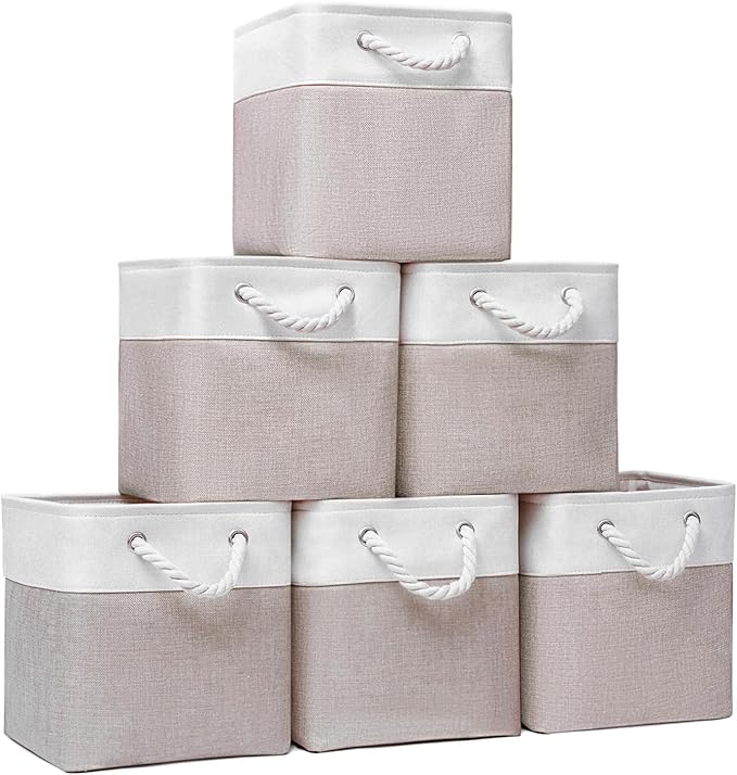 Cube Storage Bins, Collapsible Fabric Storage Cubes Bins, 11 Inch Cube Storage Bins with Handles, Foldable Storage Cubes (White/Beige, 6Pack)