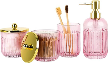 Bathroom Accessories Set,4 Pcs Pink Glass Bathroom Accessories Set with Toothbrush Holder,Lotion Soap Dispenser,2 Qtip Holder Dispensers - Countertop Organizer for Modern Bathroom Decor - Pink