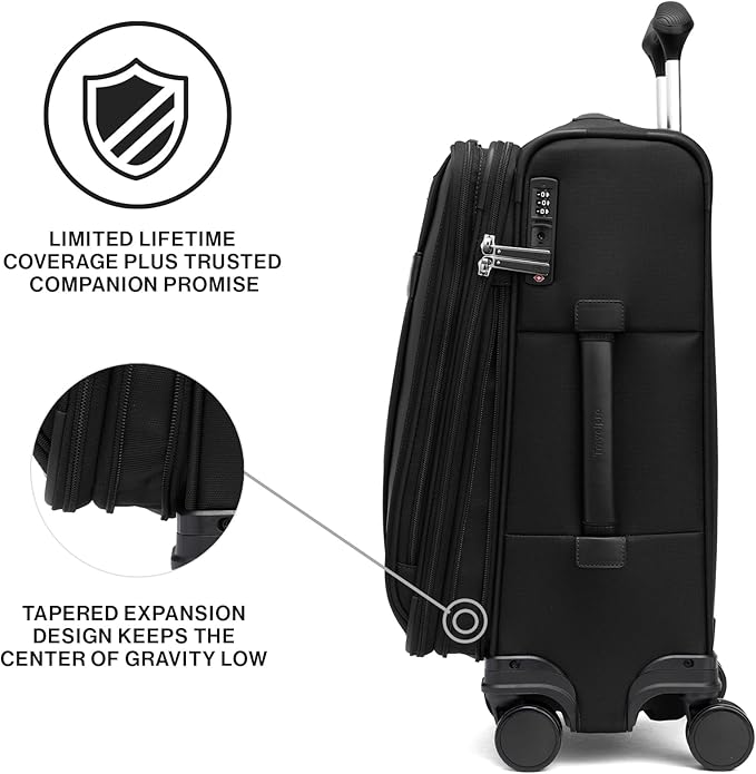 Travelpro VersaPack+ Lightweight Softside Expandable Carry on Luggage, 8 Spinner Suitcase, TSA Lock, Men and Women, Carry On 21-Inch, Black