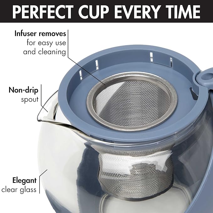 Primula Half Moon Teapot with Removable Infuser, Glass Tea Maker with Reusable Fine Mesh Stainless Steel Filter, Dishwasher Safe, 40-Ounce, Blue