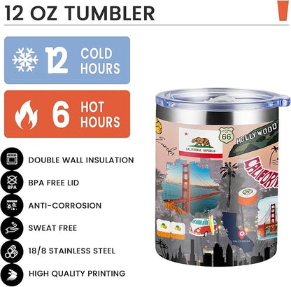 12oz Coffee Mug California State Insulated Coffee Cups, United States Map Travel Mug Landmark, Birthday Gifts Cute Mugs with Lid and Straw Mothers Day Gifts