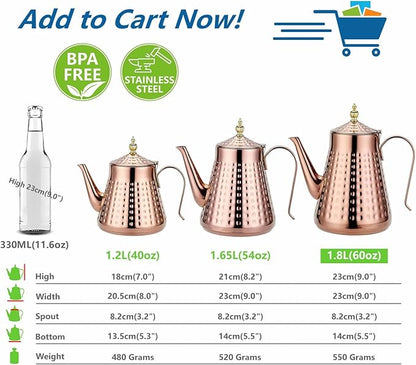 SANQIAHOME 1.8L(60oz) Stainless Steel Hammer Patterned Teapot With Removeable Infuser,Loose leaf cover,Copper