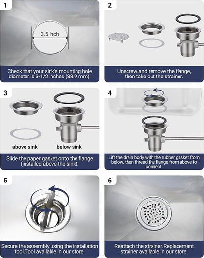 3-1/2" Commercial Sink Drain with Straight Lever Handle, Waste Drain Valve Without Overflow Inlet for Restaurant 2/3 Compartment Sink, Easy Controll, Block-Free and Leakproof