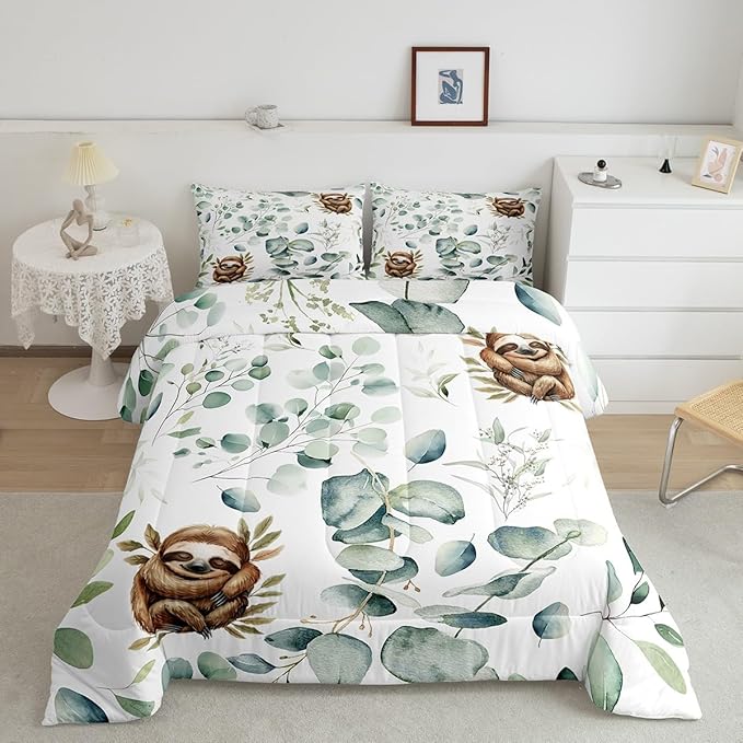 Erosebridal Girls Kawaii Animal King Size Comforter Set Cute Sloth Bedding Set, Cartoon Wildlife Down Comforter Green Leaf Bed Set, Spring Garden Plant Quilted Duvet Child Kids Bedroom Decor