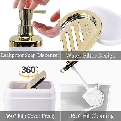 24Pcs White Bathroom Set with Shower Curtain and Rug and Accessories, White Bathroom Accessories with Trash Can,Soap Dispenser,Soap Dish,Toilet Brush,Toothbrush Holder and Cup,Q-Tip Holders
