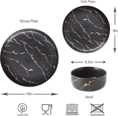 Black Gold Splash Dinnerware Sets, Marble Porcelain Plates and Bowls Sets, Modern Luxury Dish Set for 4, 12 Pieces Fine China Plates Set for Formal Dinners and Anniversaries