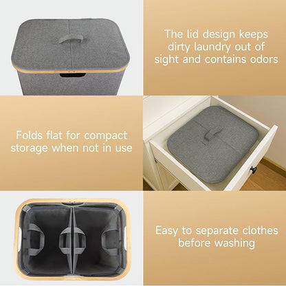 145L Double Laundry Basket with Lid, 2 Section Dirty Clothes Hamper with 2 Removable Bags for Bedroom, Bathroom, Dorm, Gray