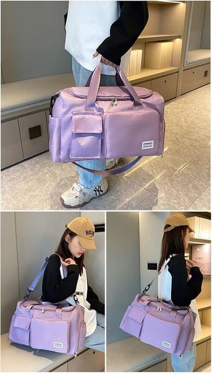 Multipurpose 20L Foldable Duffel Bag Gym Yoga Bag Carry-On Shopping Sack Travel Organizer Cabin Bag Sundry Package Wet&Dry Compartment (Purple)
