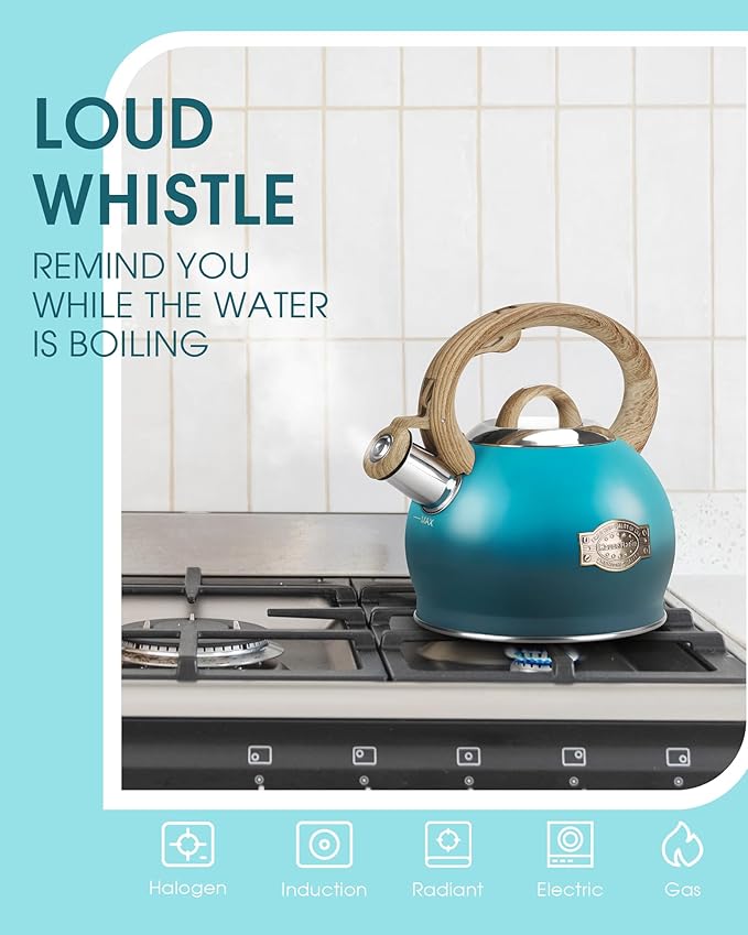 Tea Kettle, Whistling Stovetop Teapot Food Grade Stainless Steel Tea Kettles for Stove Top with Anti-hot Ergonomic Handle,Kettle Spout for Tea, Coffee or Milk, 2.1 Quart Tea Pots