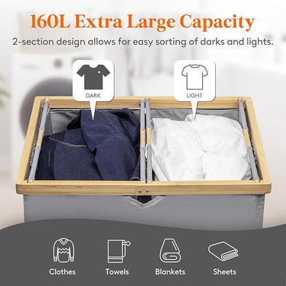 Lifewit 160L Double Laundry Hamper with Lid, Extra Large Bamboo Laundry Basket Dirty Clothes Hamper, 2 Section Laundry Bin Organizer for Laundry Room Bedroom with 2 Removable Liners & Bags, Gray