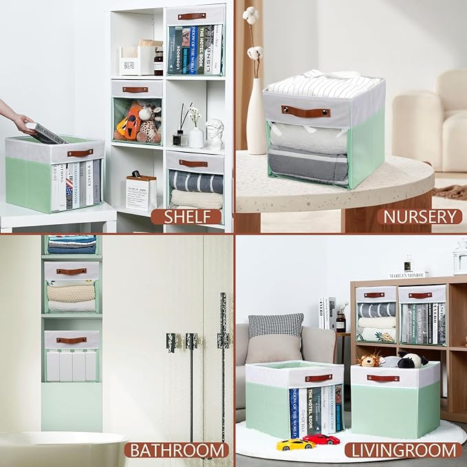 HNZIGE 13x15x13 Cube Storage Bins, 4 Pack Fabric Clear Organizer With Window, Large Collapsible Shelf Bins for Closet, Toy, Clothes - White Green