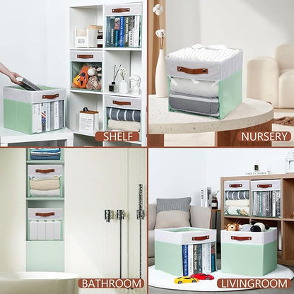 HNZIGE 13x15x13 Cube Storage Bins, 4 Pack Fabric Clear Organizer With Window, Large Collapsible Shelf Bins for Closet, Toy, Clothes - White Green