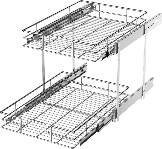 LOVMOR 2 Tier Individual Pull Out Cabinet Organizer 14½" W x 21½" D, Slide Out Kitchen Cabinet Storage Sliding Shelves