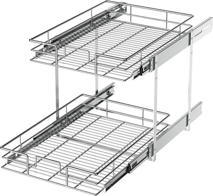 LOVMOR 2 Tier Individual Pull Out Cabinet Organizer 12½" W x 21½" D, Slide Out Kitchen Cabinet Storage Sliding Shelves