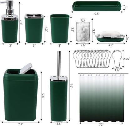 Green Bathroom Accessories, Dark Green Bathroom Set with Shower Curtain, Trash Can, Vanity Tray, Soap Dispenser, Soap Dish, Toothbrush Holder and Cup for Home Decor