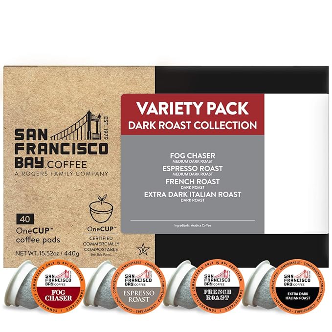San Francisco Bay Coffee - Dark Roast Variety Pack (40 ct) - Fog Chaser, Espresso Roast, French Roast, & Extra Dark Italian - Single Serve Coffee Pods, Commercially Compostable, K Cup Compatible