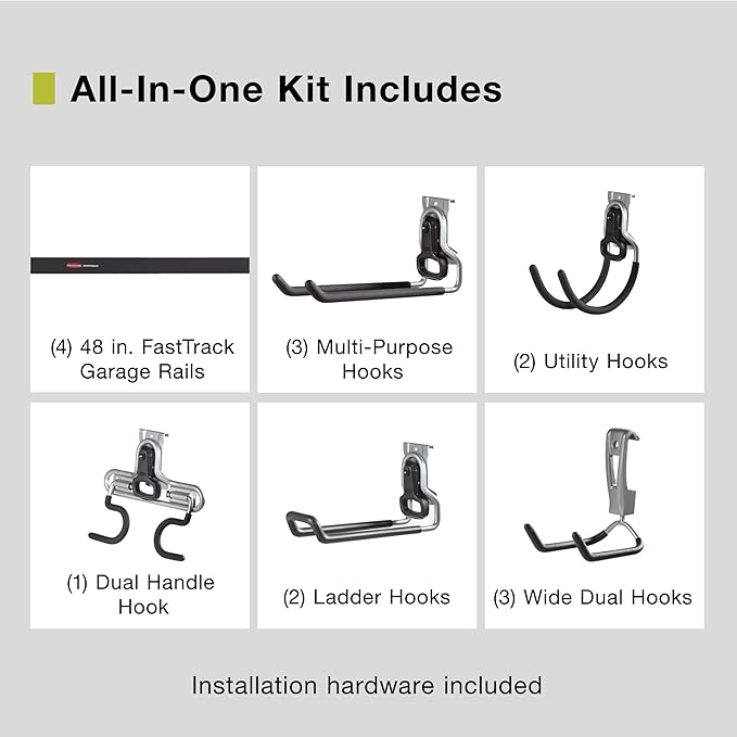 Rubbermaid 15-Piece FastTrack Garage Wall-Mounted Storage Kit, 4 Rails and 11 Hooks, for Home/House/Tool/Sports/Equipment/Utility Purposes