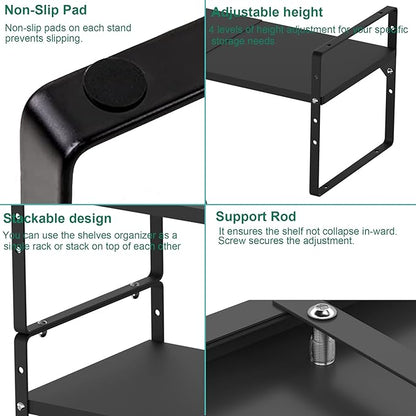 iPEGTOP Expandable Cabinet Storage Shelf Organizer Rack, Heavy Duty Cupboard Stand Spice Rack Adjustable Height Pantry Garage Shelf Space Riser for Counter Kitchen Organization, Black, 1 Pack