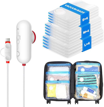 VMstr 12 Pack Travel Vacuum Storage Bags with USB Electric Pump, Compression Bags for Travel, Space Saver for Clothes and Clothing