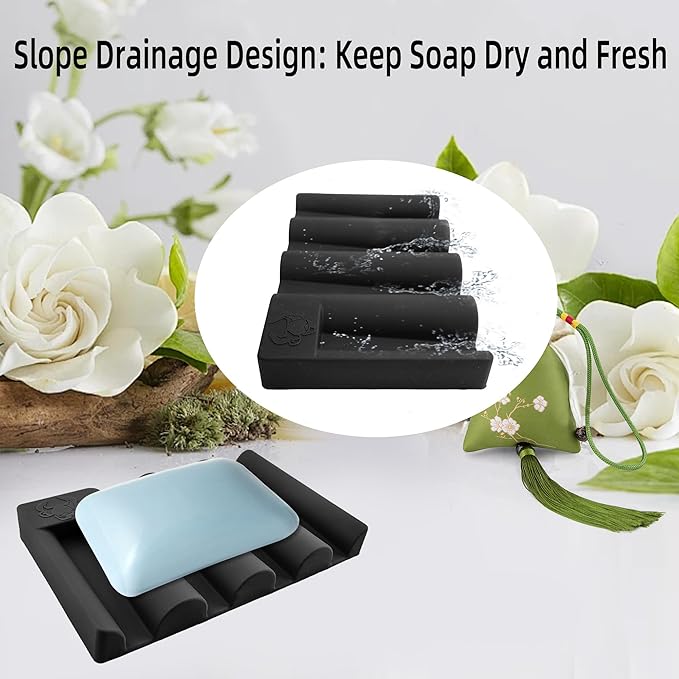 Silicone Soap Dish, Self Draining Soap Holder Perfect for Shower, Bathroom Sink, Kitchen Sink & Travel, Non-Slip Bar Soap Holder Extend Soap Life, Keep Soap Bars Dry Clean & Easy Cleaning (Black-1PCS)