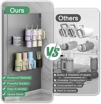 Magnetic Cup Holder for Fridge, Aufworld Tumbler Organizer with 8-Hook Rack, Fits 20/30/40 oz Stanley Cups, Accessory Storage with Lid & Straw Holder, Water Bottle Organizer for Kitchen Refrigerator