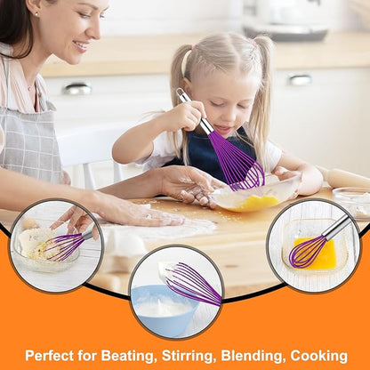 HOTEC 4 Pieces Silicone Whisks Set, Wire Balloon Whisks Egg Beater, Non-slip Handle Whisk for Non-stick Cookware Perfect for Cooking, Stirring, Beating and Blending (Purple)
