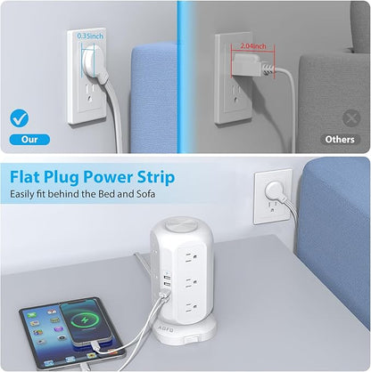 Tower Power Strip Flat Plug with 12 Outlets 4 USB(1 USB C),AOFO Surge Protector Charging Station with Overload Protection, Widely Spaced Multiple Outlets 10Ft Extension Cord for Home, Dorm,Office