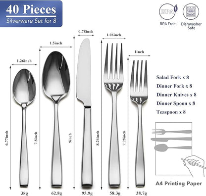 40 Piece Silverware Set Service for 8, EIUBUIE Premium Stainless Steel Cutlery Set, Mirror Polished Flatware Sets Heavy Duty and Solid, Modern Kitchen Eating Utensils Sets Include Spoons Forks Knives